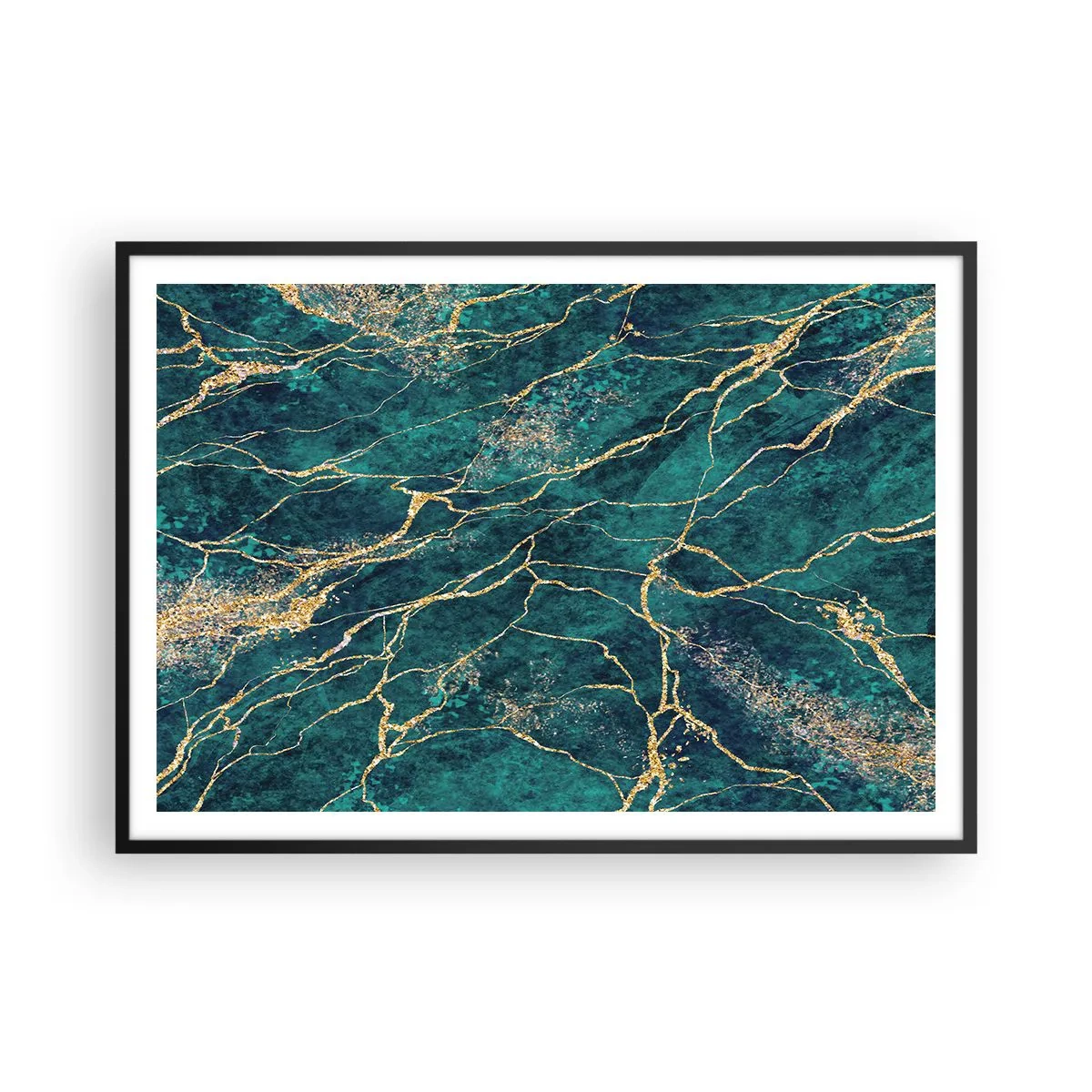 Plakat w czarnej ramie - Teksturowany wzór marmuru w odcieniach turkusu i złota - 100x70cm - Żyła złota - Nowoczesna dekoracja ścienna do salonu i sypialni ARTTOR