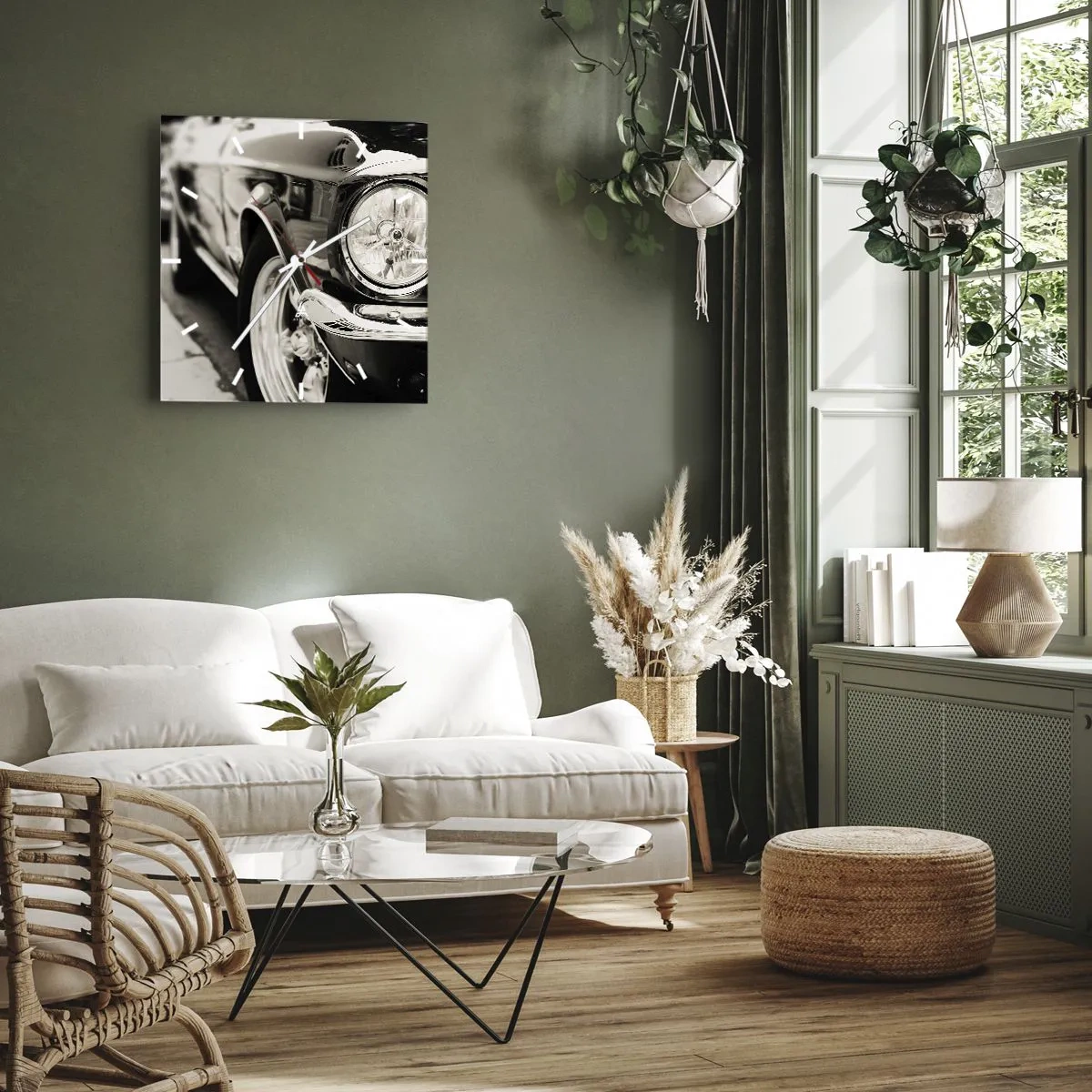 Zegar ścienny - Kultowy klasyczny samochód w eleganckim czarno-białym ujęciu - 30x30cm - Nieprzemijający blask - Nowoczesna dekoracja ścienna do salonu i sypialni ARTTOR