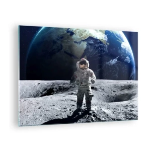 Obraz na szkle - Astronauta na powierzchni Księżyca z Ziemią w tle - 70x50cm - Pozdrowienia z Księżyca - Nowoczesna dekoracja ścienna do salonu i sypialni ARTTOR