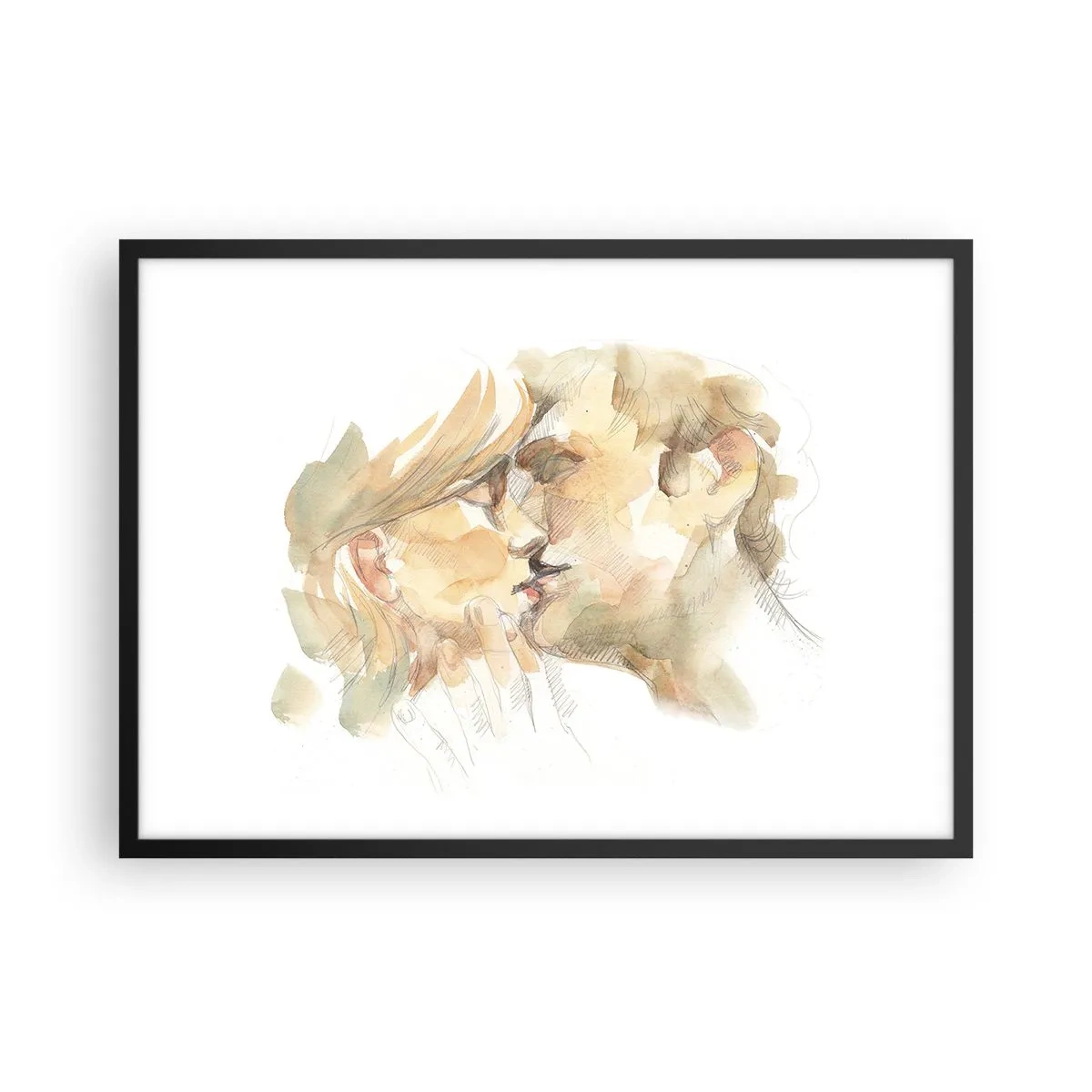 Plakat w czarnej ramie - Romantyczny akwarelowy portret pary w pocałunku - 70x50cm - Odnaleziona połowa? - Nowoczesna dekoracja ścienna do salonu i sypialni ARTTOR