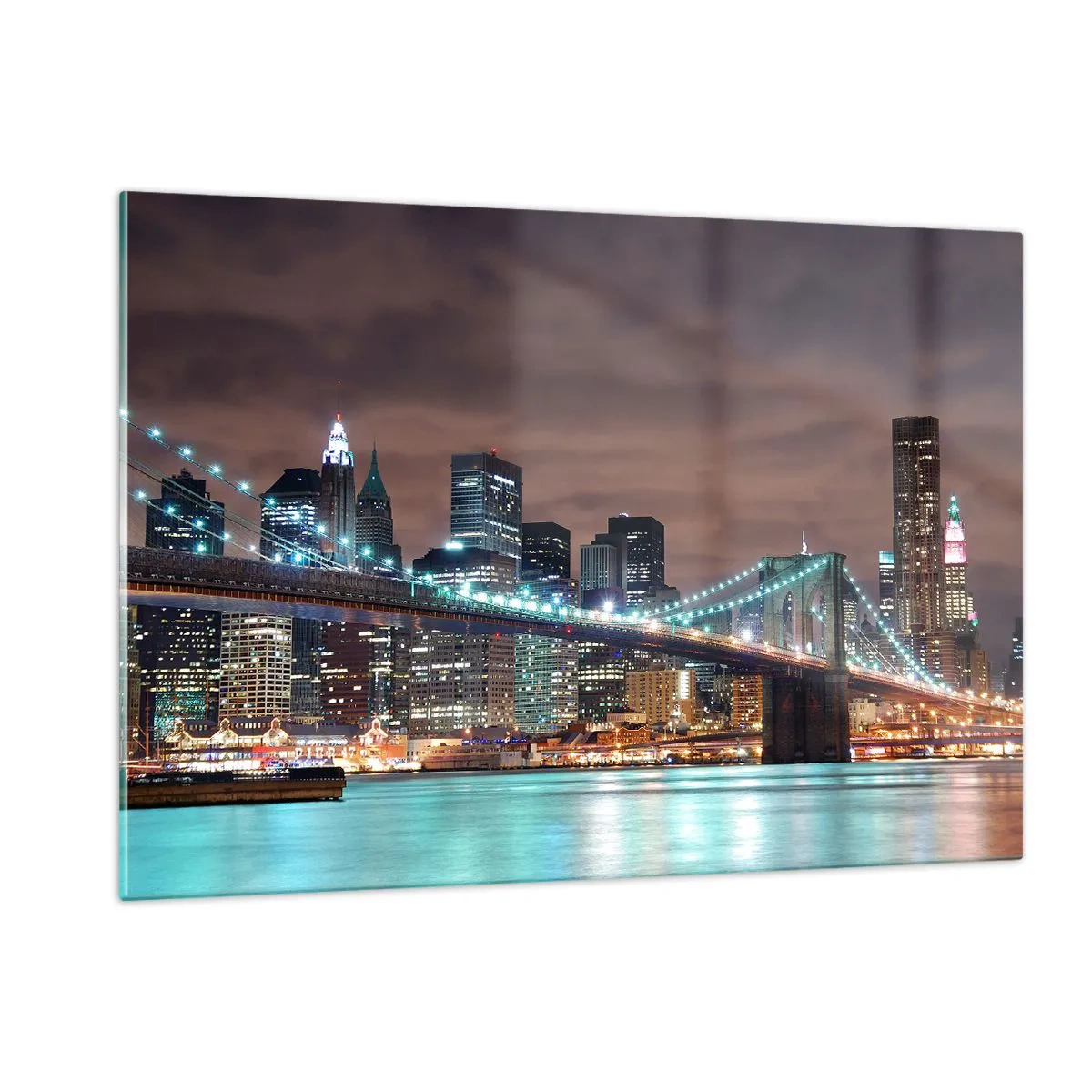 Obraz na szkle - Nocna panorama miasta z podświetlonym mostem - 120x80cm - Światła wielkiego miasta - Nowoczesna dekoracja ścienna do salonu, kuchni i sypialni ARTTOR