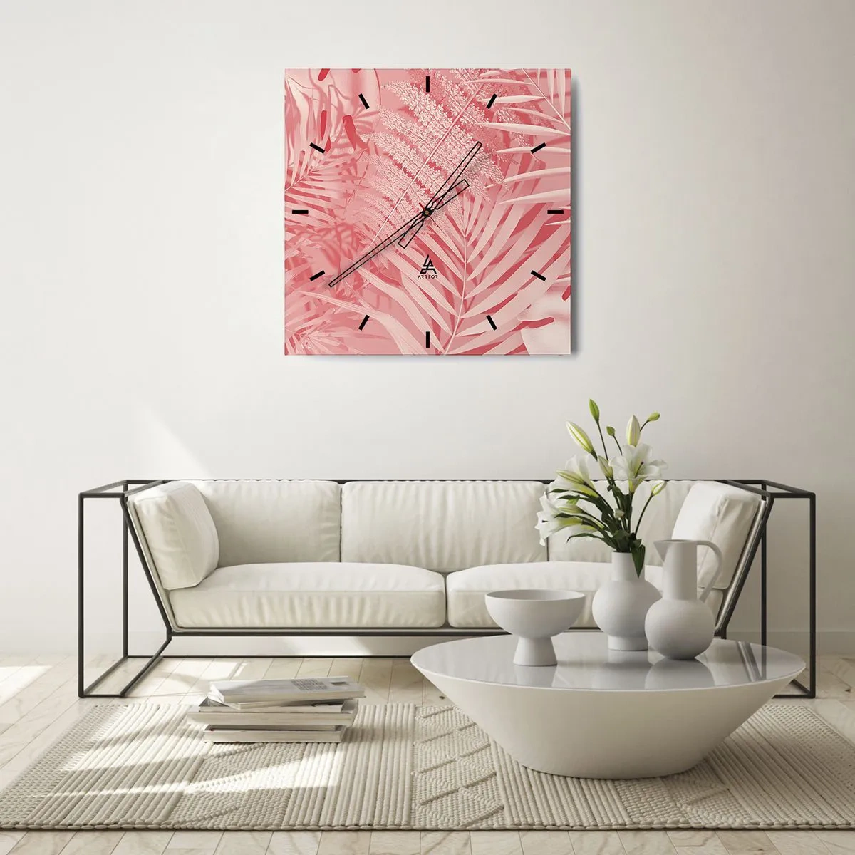 Zegar ścienny - Różowe liście tropikalne w delikatnym i minimalistycznym stylu - 30x30cm - Różowy koncept - Nowoczesna dekoracja ścienna do salonu i sypialni ARTTOR
