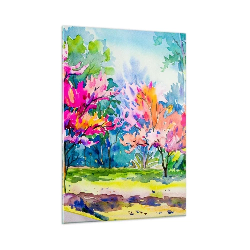 Obraz na szkle - Kolorowe drzewa w parku namalowane akwarelową techniką - 50x70cm - Tęczowy ogród w wiosennym blasku - Nowoczesna dekoracja ścienna do salonu, kuchni i sypialni ARTTOR