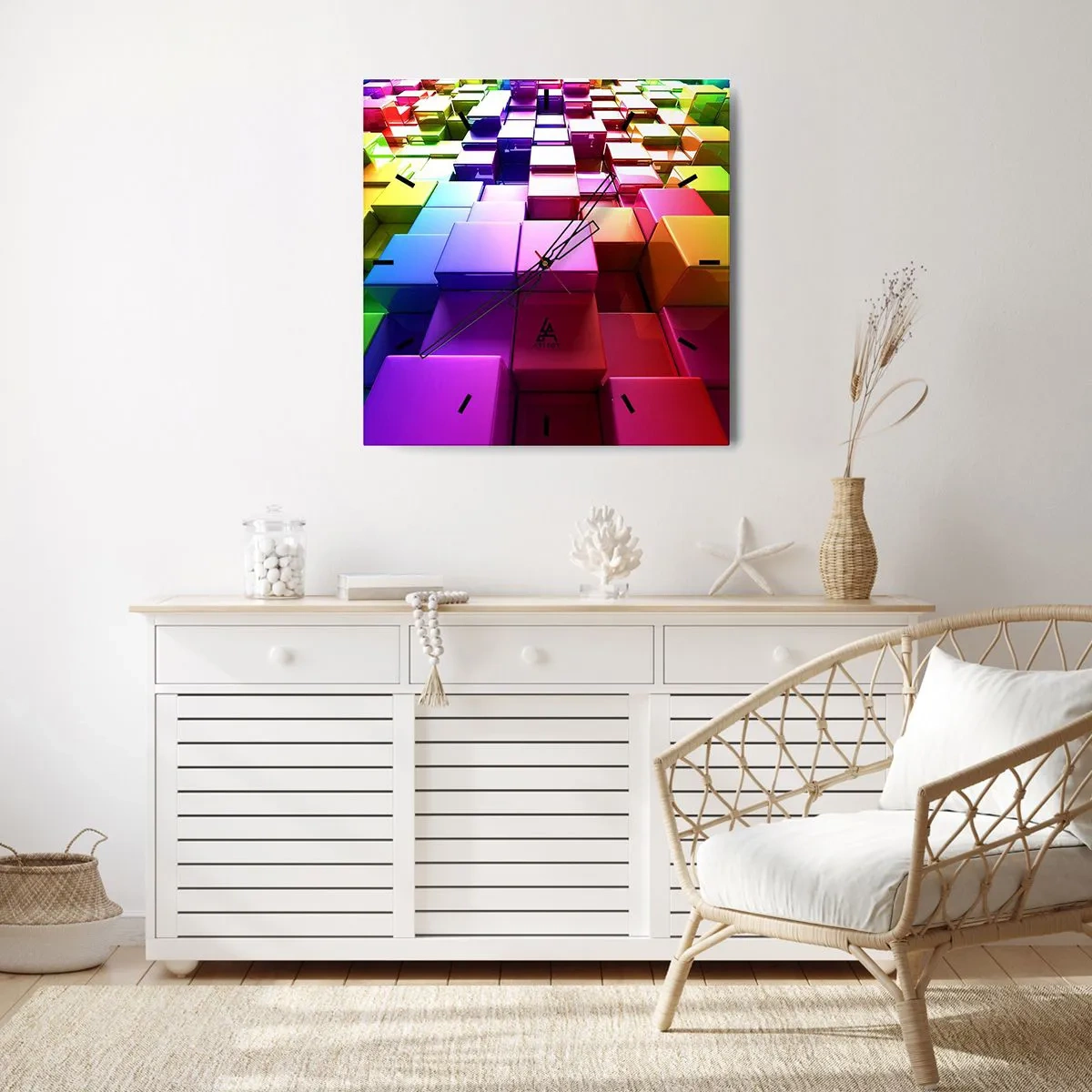 Zegar ścienny - Kolorowe geometryczne kostki 3D - 30x30cm - Op-artowe wespół w zespół - Nowoczesna dekoracja ścienna do salonu i sypialni ARTTOR