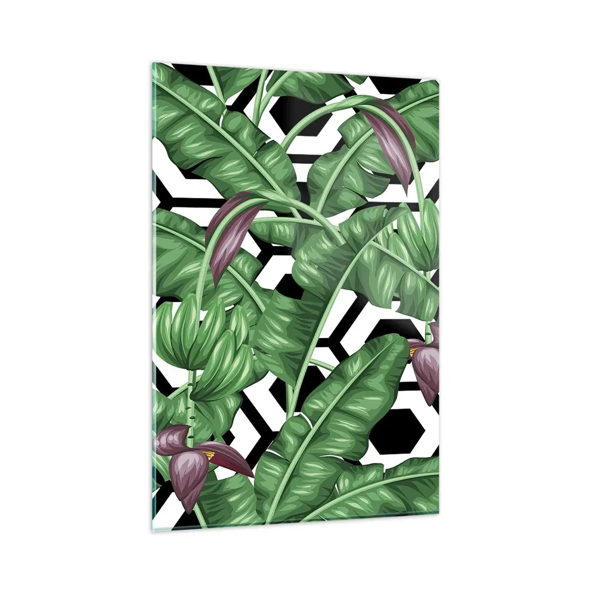 Obraz na szkle - Tropikalne liście na geometrycznym tle - 80x120cm - Kompozycja symetryczna z natury - Nowoczesna dekoracja ścienna do salonu i sypialni ARTTOR