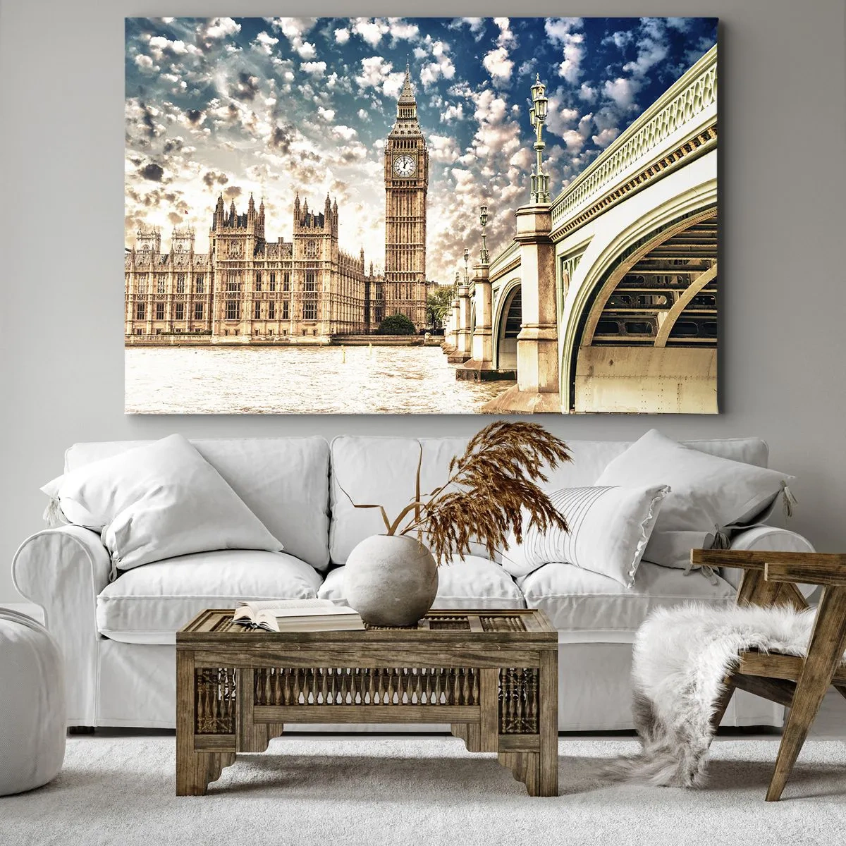 Obraz na płótnie - Big Ben i Westminster Bridge oświetlone słońcem w Londynie - 120x80cm - Pierzaste obłoki nad  Tamizą - Nowoczesna dekoracja ścienna do salonu, kuchni i sypialni ARTTOR
