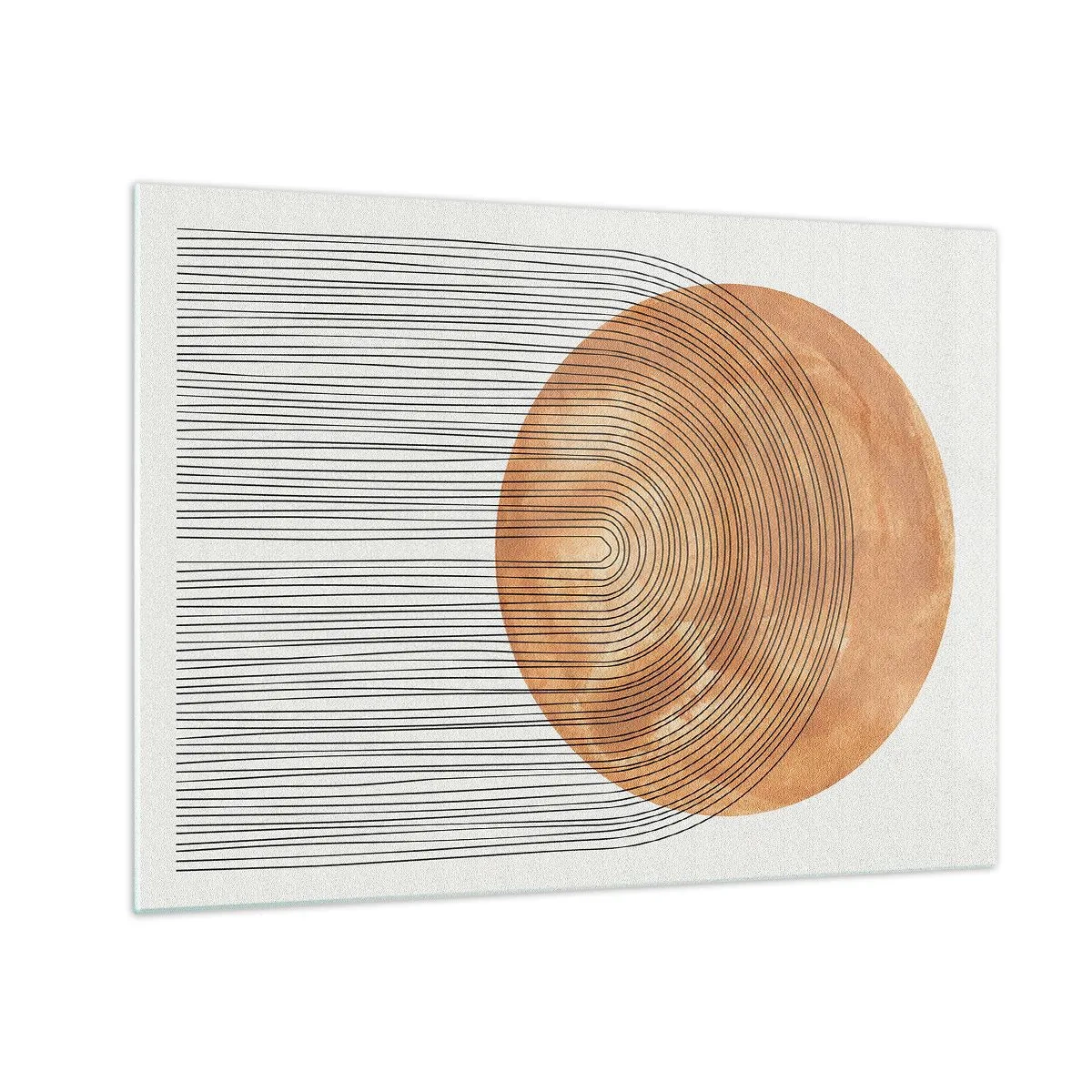 Obraz na szkle - Geometryczna forma z koncentrycznymi liniami i złotym kołem - 70x50cm - Kompozycja słoneczna - Nowoczesna dekoracja ścienna do salonu i sypialni ARTTOR