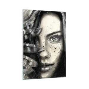 Obraz na szkle - Artystyczny portret kobiety z abstrakcyjnymi detalami - 80x120cm - Dzika piękność - Nowoczesna dekoracja ścienna do salonu i sypialni ARTTOR