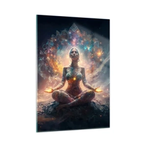 Obraz na szkle - Medytująca kobieta w świetlnej aurze energii i barw - 50x70cm - Przepływ dobrej energii - Nowoczesna dekoracja ścienna do salonu, kuchni i sypialni ARTTOR