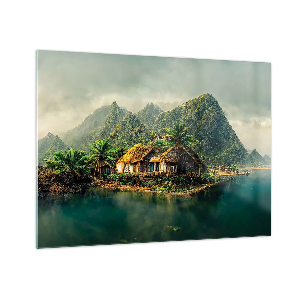 Obraz na szkle - Tropikalna wioska nad wodą w otoczeniu gór i palm - 70x50cm - Tropikalny raj - Nowoczesna dekoracja ścienna do salonu i sypialni ARTTOR