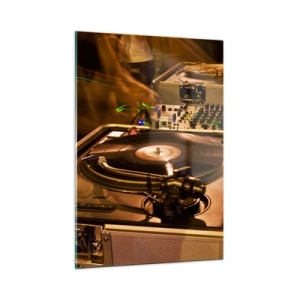 Obraz na szkle - Gramofon na tle imprezy z dynamicznymi efektami świetlnymi - 50x70cm - Czujesz tę moc? - Nowoczesna dekoracja ścienna do salonu, kuchni i sypialni ARTTOR