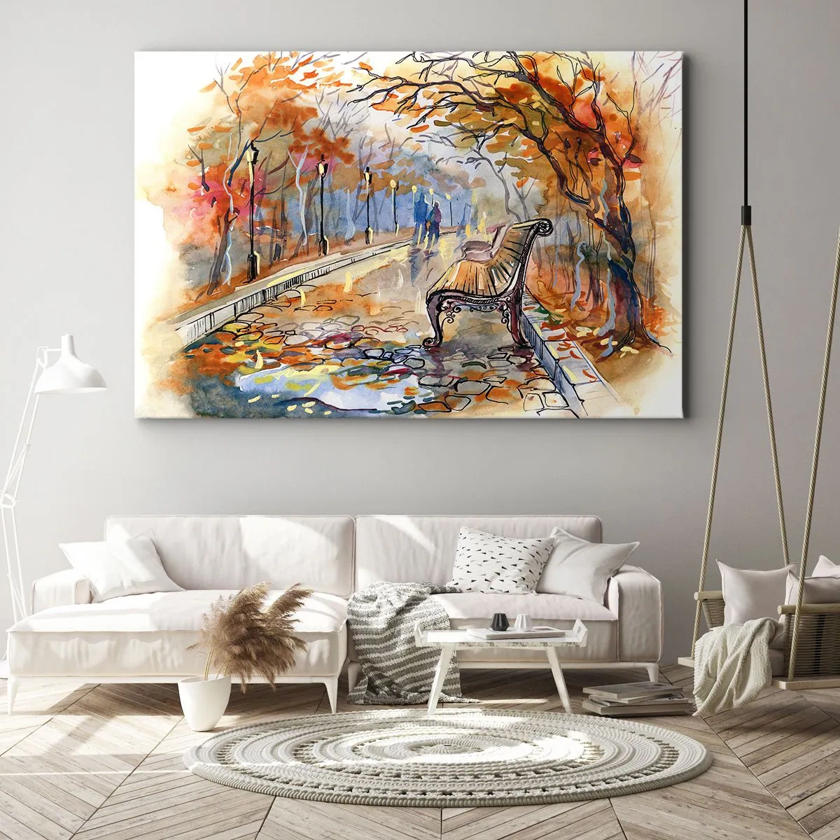 Obraz na płótnie - Jesienny park z ławką w akwarelowym ujęciu - 70x50cm - Razem powędrować w jesień - Nowoczesna dekoracja ścienna do salonu i sypialni ARTTOR