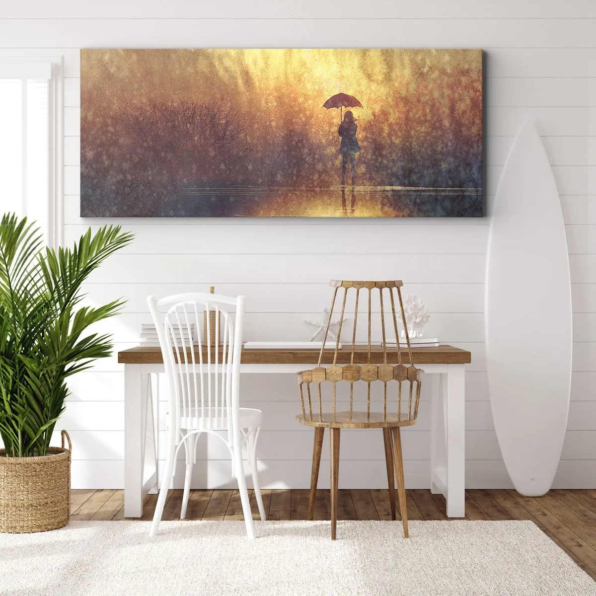 Obraz na płótnie - Postać z parasolem w mglistym krajobrazie pełnym refleksji - 140x50cm - Czuję, że ktoś na mnie patrzy - Nowoczesna dekoracja ścienna do salonu i sypialni ARTTOR