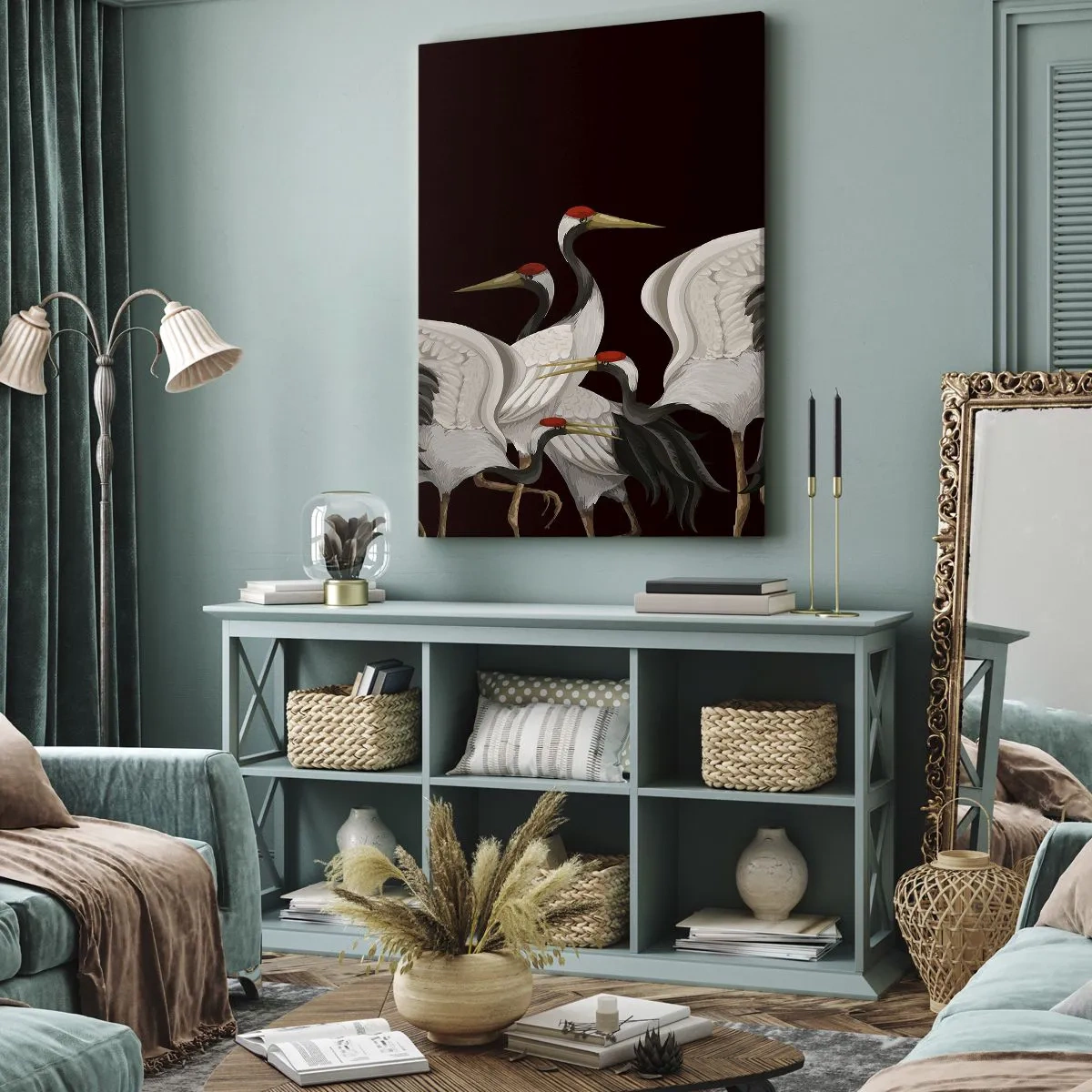Obraz na płótnie - Grupa żurawi na czarnym tle, elegancka i stylowa kompozycja - 50x70cm - Ptasie sprawy - Nowoczesna dekoracja ścienna do salonu, kuchni i sypialni ARTTOR