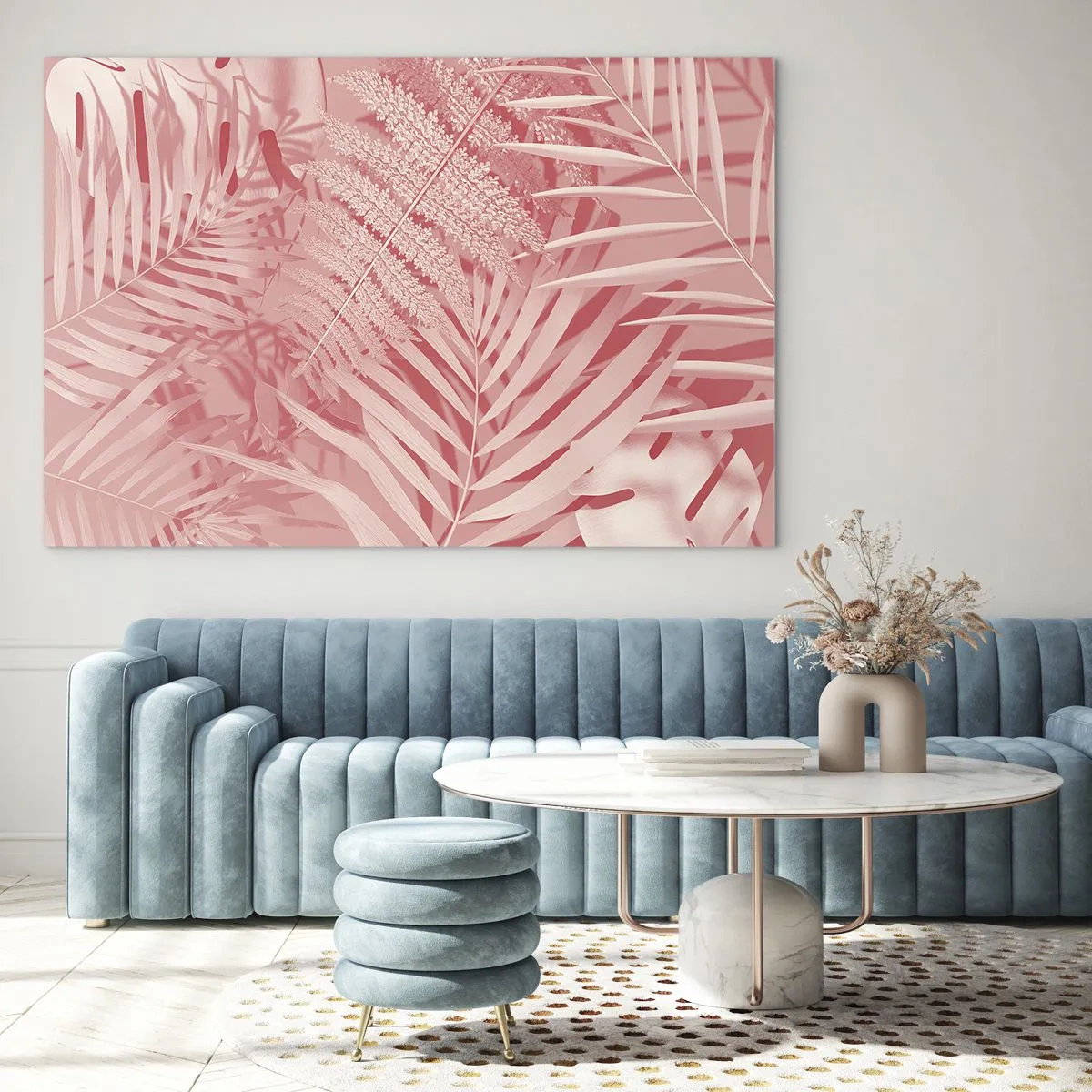 Obraz na szkle - Różowe liście tropikalne w nowoczesnej kompozycji - 70x50cm - Różowy koncept - Nowoczesna dekoracja ścienna do salonu i sypialni ARTTOR