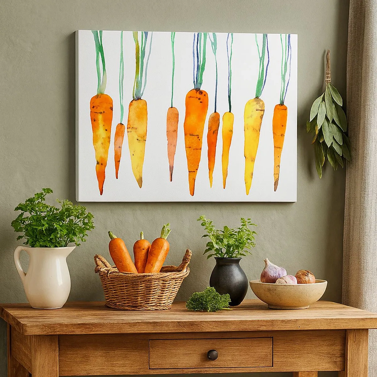 Obraz na płótnie - Akwarelowe marchewki w różnych odcieniach na białym tle - 70x50cm - Uroda zwyczajności - Nowoczesna dekoracja ścienna do salonu i sypialni ARTTOR