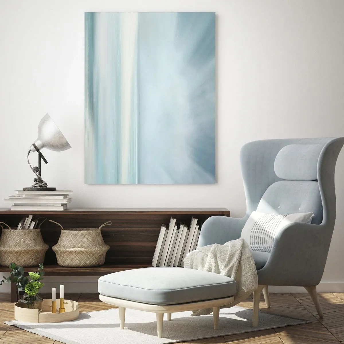 Obraz na szkle - Minimalistyczny pejzaż w delikatnych odcieniach błękitu - 70x100cm - Spokój aż po horyzont - Nowoczesna dekoracja ścienna do salonu i sypialni ARTTOR