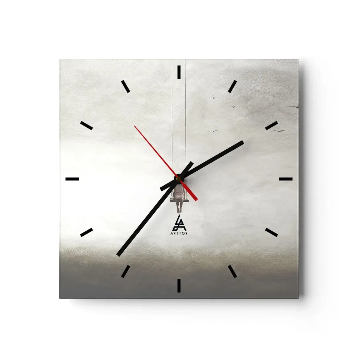 Zegar ścienny - Postać na huśtawce zawieszonej w przestrzeni - 30x30cm - Dziecko w nas - Nowoczesna dekoracja ścienna do salonu i sypialni ARTTOR