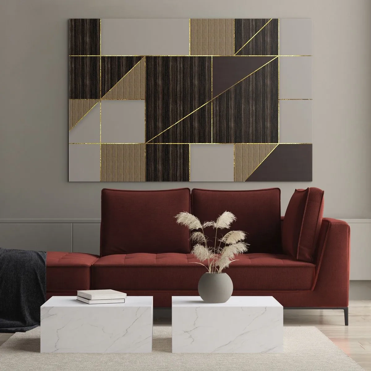 Obraz na szkle - Abstrakcyjna mozaika z brązowymi i złotymi elementami - 70x50cm - Mozaika brązów i złota - Nowoczesna dekoracja ścienna do salonu i sypialni ARTTOR
