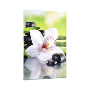 Obraz na szkle - Orchidea, kamienie i bambus w harmonijnej kompozycji spa - 70x100cm - Chłodna świeżość - Nowoczesna dekoracja ścienna do salonu i sypialni ARTTOR