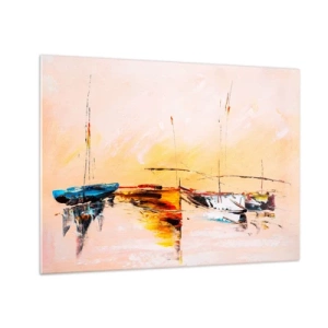 Obraz na szkle - Kolorowe łodzie zacumowane na tle zachodu słońca w stylu impresyjnym - 70x50cm - Wieczór w przystani - Nowoczesna dekoracja ścienna do salonu i sypialni ARTTOR