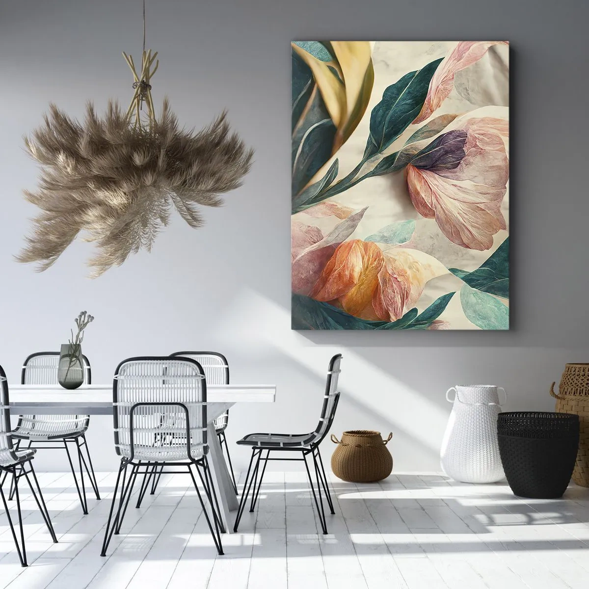 Obraz na płótnie - Malownicze kwiaty w pastelowych odcieniach na jasnym tle - 50x70cm - Kwiaty wysp południowych - Nowoczesna dekoracja ścienna do salonu, kuchni i sypialni ARTTOR