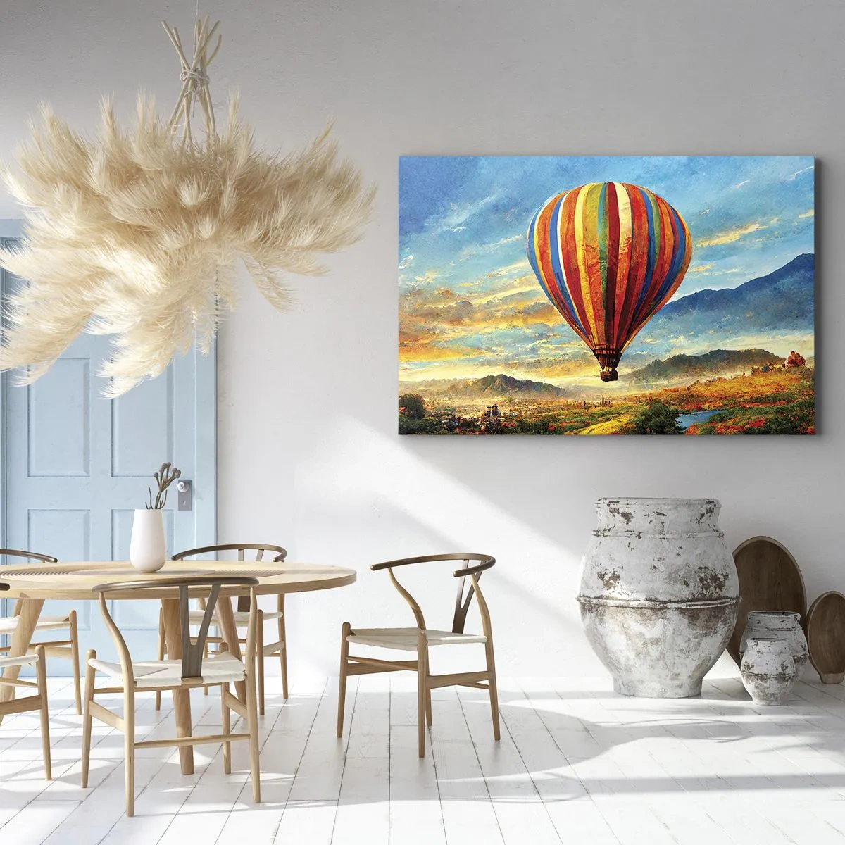 Obraz na płótnie - Kolorowy balon nad malowniczym krajobrazem - 70x50cm - W ciszy widać więcej - Nowoczesna dekoracja ścienna do salonu i sypialni ARTTOR