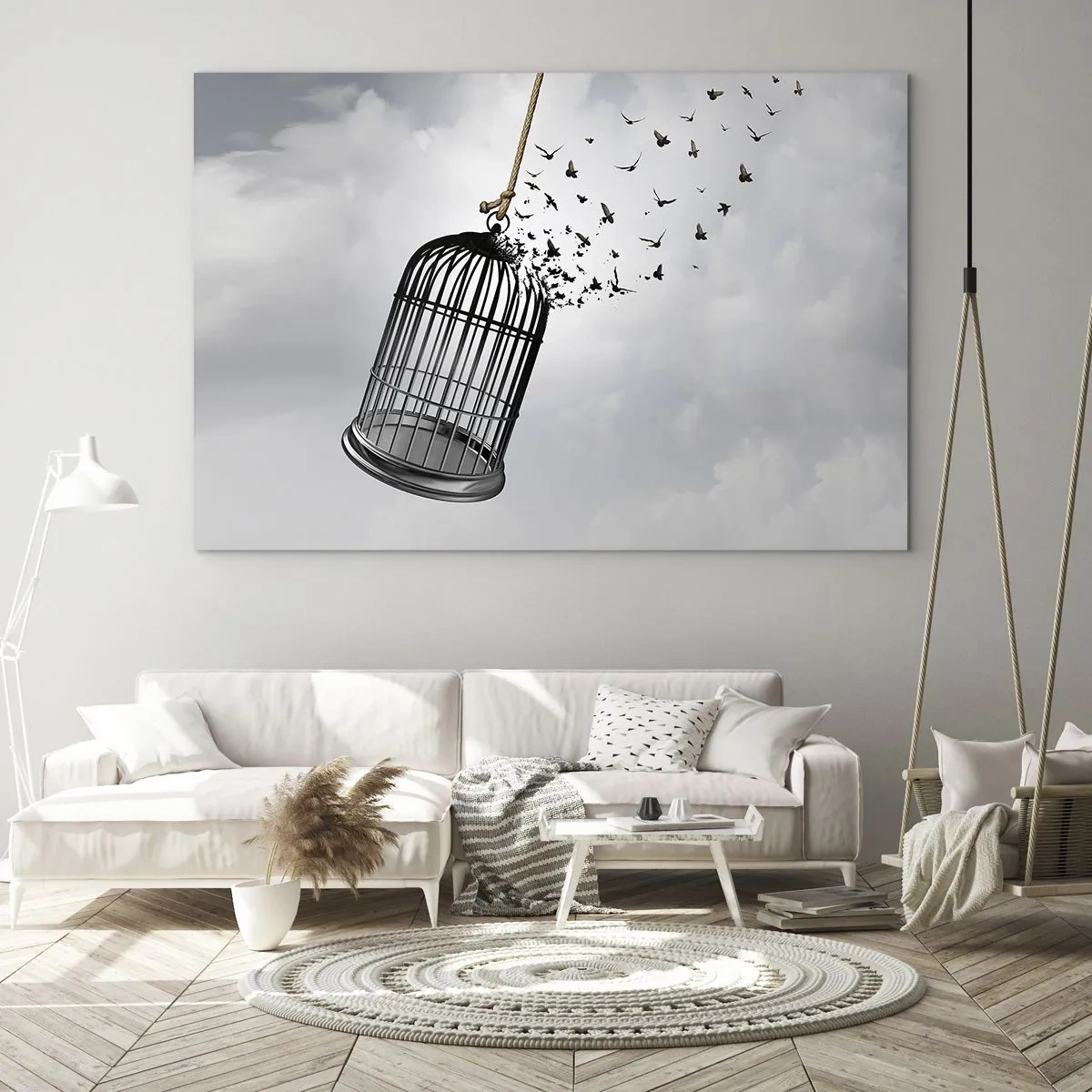 Obraz na szkle - Otwarcie klatki i wylatujące z niej ptaki na tle nieba - 120x80cm - Wiara...Nadzieja...Wolność! - Nowoczesna dekoracja ścienna do salonu, kuchni i sypialni ARTTOR