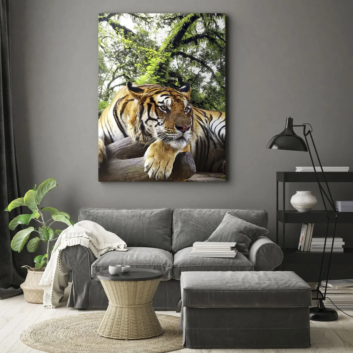 Obraz na płótnie - Tygrys odpoczywający w tropikalnym lesie - 80x120cm - Z wyrazami szacunku - Nowoczesna dekoracja ścienna do salonu i sypialni ARTTOR
