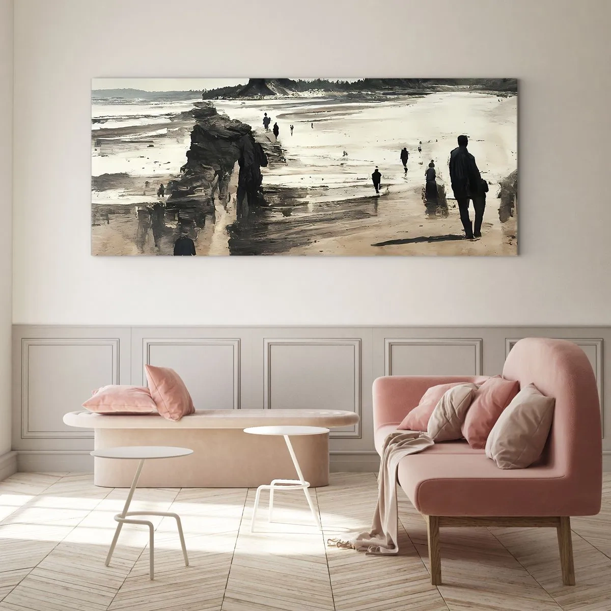 Obraz na szkle - Spacerowicze na plaży w spokojnym pejzażu - 120x50cm - Przywołani - Nowoczesna dekoracja ścienna do salonu i sypialni ARTTOR