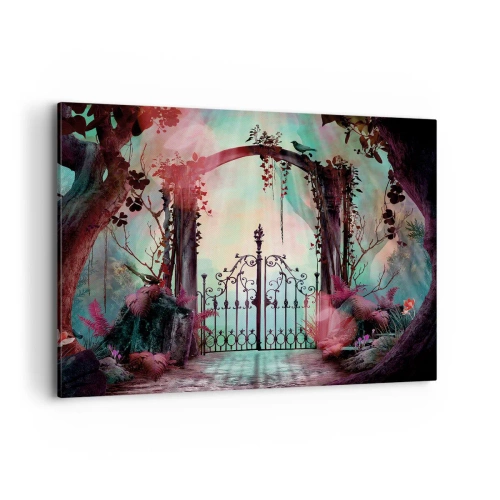 Obraz na płótnie - Magiczne wejście z kutą bramą w otoczeniu tajemniczej roślinności - 100x70cm - Tajemniczy ogród - Nowoczesna dekoracja ścienna do salonu, kuchni i sypialni ARTTOR