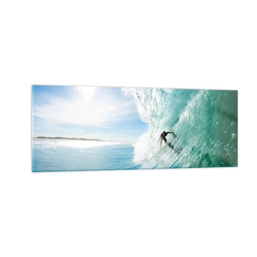 Obraz na szkle - Surfer na fali w świetle słońca na tle błękitnego nieba - 140x50cm - Zawsze na fali - Nowoczesna dekoracja ścienna do salonu i sypialni ARTTOR