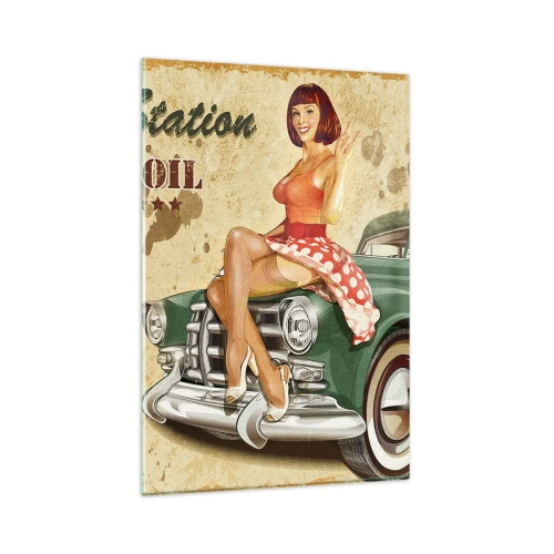 Obraz na szkle - Plakat retro Route 66 z pin-up dziewczyną i samochodem - 80x120cm - Wspaniałe lata 40. - Nowoczesna dekoracja ścienna do salonu i sypialni ARTTOR