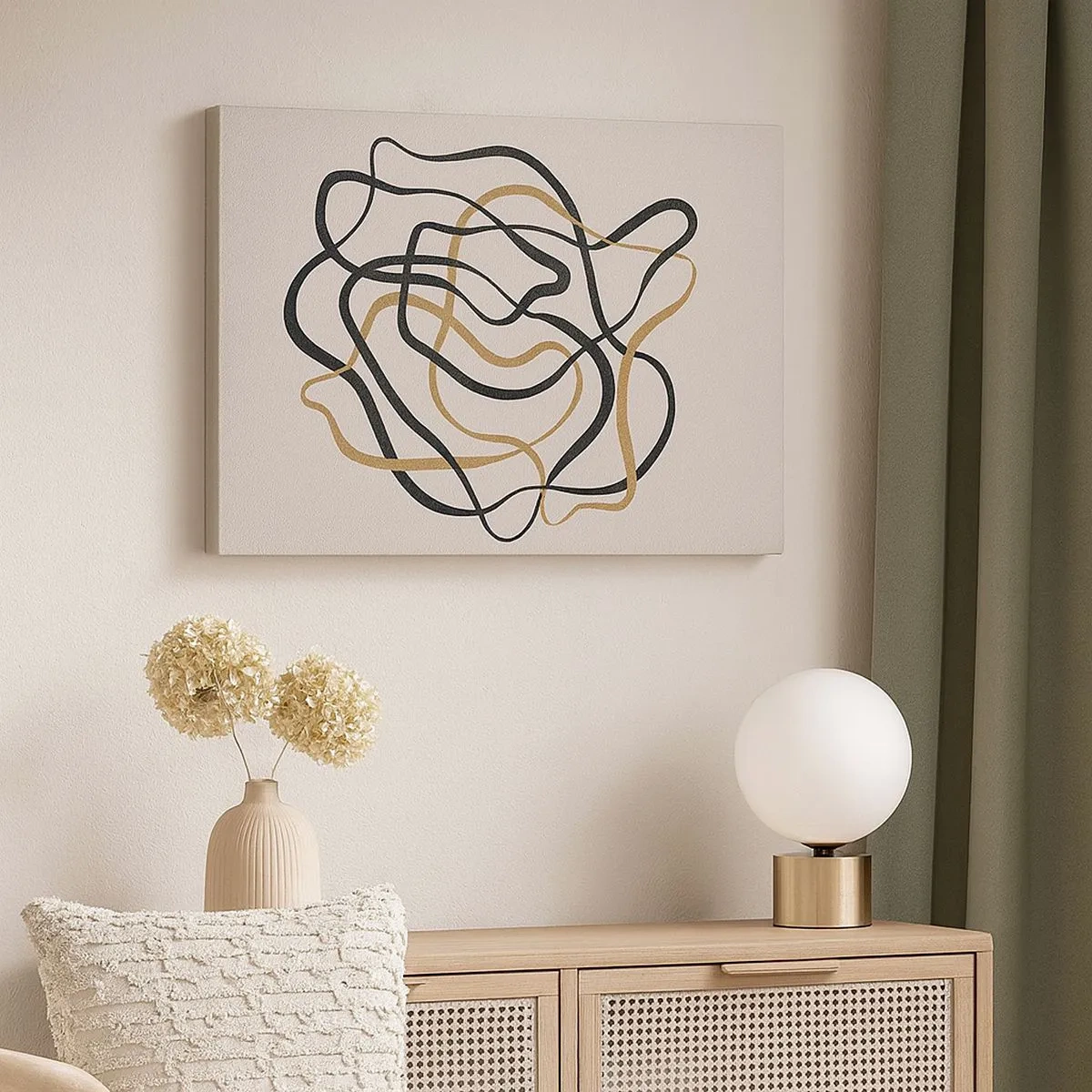 Obraz na płótnie - Splątane linie w czerni i złocie na jasnym tle - 70x50cm - Wszystko się pokręciło - Nowoczesna dekoracja ścienna do salonu i sypialni ARTTOR