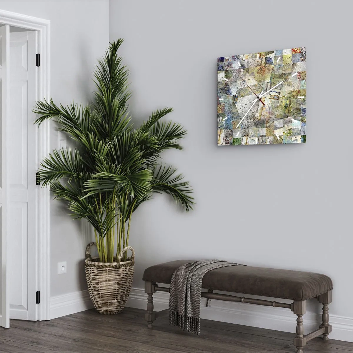 Zegar ścienny - Kolorowa abstrakcja z geometrycznymi kształtami i liniami - 30x30cm - Geometryczne przetasowanie - Nowoczesna dekoracja ścienna do salonu i sypialni ARTTOR