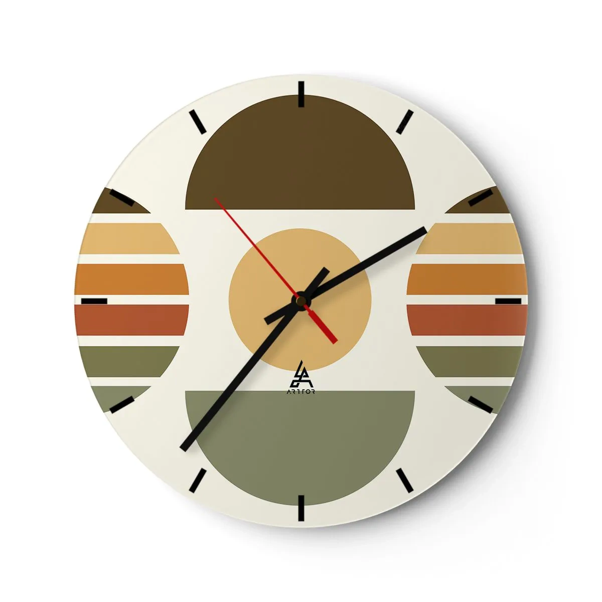Zegar ścienny - Geometryczne półkola i paski w kolorach ziemi na jasnym tle - 30x30cm - W kolorach ziemi - Nowoczesna dekoracja ścienna do salonu, kuchni i sypialni ARTTOR