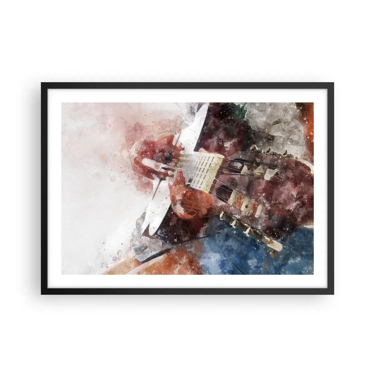Plakat w czarnej ramie - Artystyczne ujęcie gitary w akwarelowym stylu - 70x50cm - I co o tym myślisz? - Nowoczesna dekoracja ścienna do salonu i sypialni ARTTOR