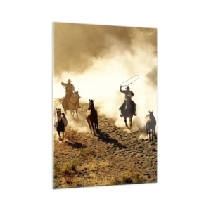 Obraz na szkle - Kowboje na koniach w kurzu podczas rodeo - 50x70cm - Naprawdę dziki zachód - Nowoczesna dekoracja ścienna do salonu, kuchni i sypialni ARTTOR