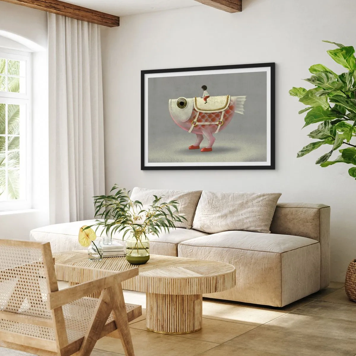 Plakat w czarnej ramie - Fantazyjny jeździec na rybie z nogami i siodłem - 70x50cm - Ryboński jeździec - Nowoczesna dekoracja ścienna do salonu i sypialni ARTTOR