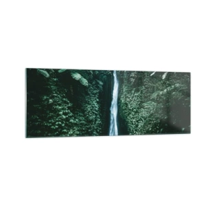 Obraz na szkle - Wodospad otoczony gęstą tropikalną roślinnością - 140x50cm - Tropikalny zdrój - Nowoczesna dekoracja ścienna do salonu i sypialni ARTTOR