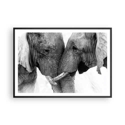 Plakat w czarnej ramie - Dwa słonie w czułym geście na monochromatycznym tle - 100x70cm - Serdeczne wyznanie - Nowoczesna dekoracja ścienna do salonu i sypialni ARTTOR