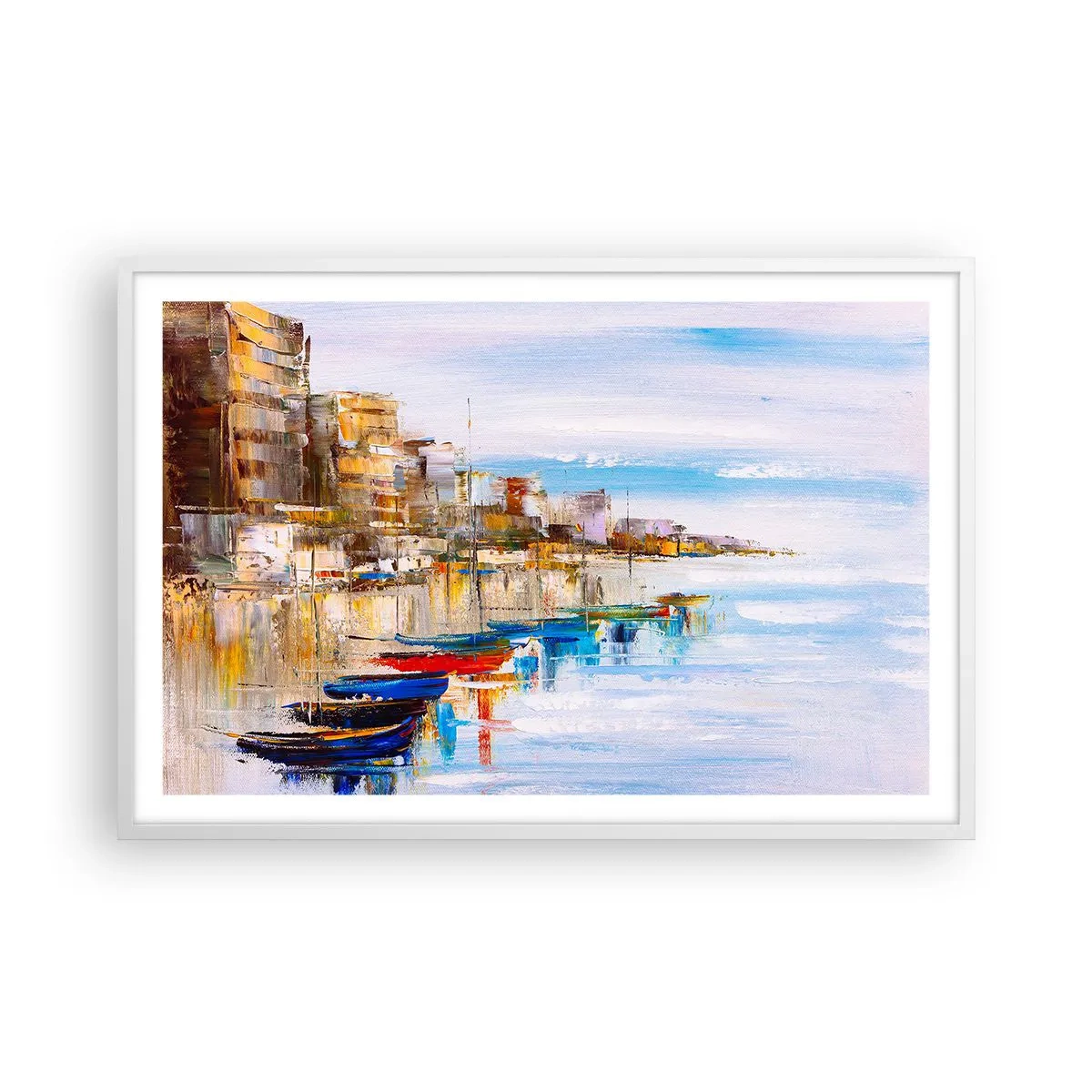Plakat w białej ramie - Wielobarwna miejska przystań - 91x61 cm