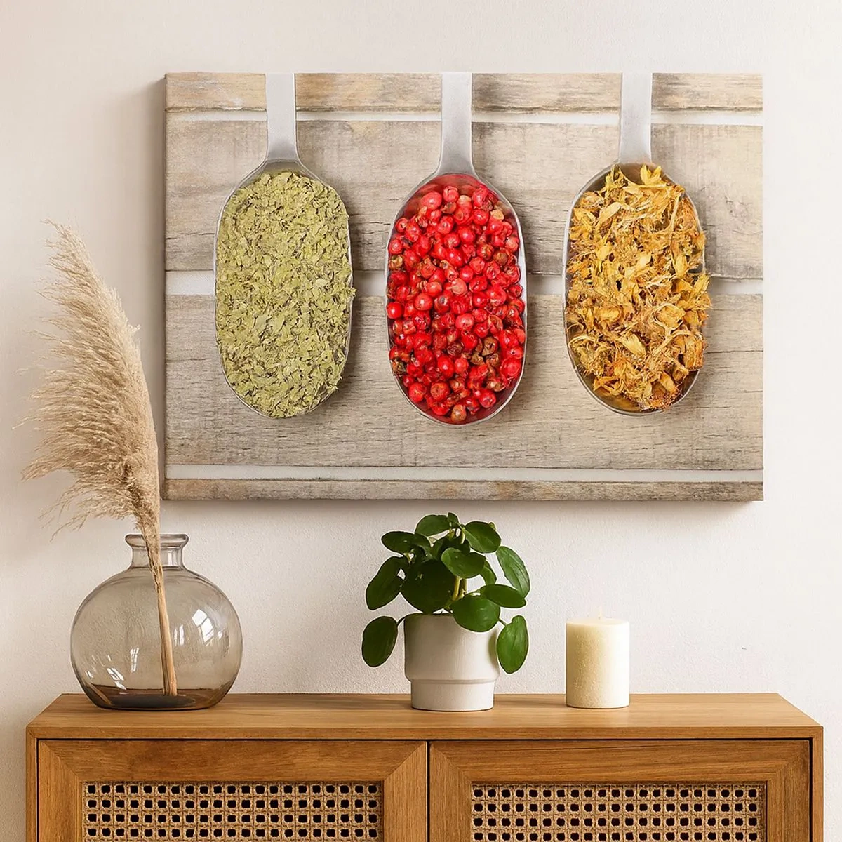 Obraz na płótnie - Trzy metalowe łyżki z przyprawami na drewnianym tle - 70x50cm - Kuchenna magia - Nowoczesna dekoracja ścienna do salonu i sypialni ARTTOR