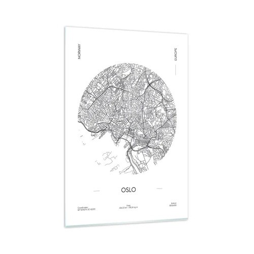 Obraz na szkle - Mapa Oslo w minimalistycznym, czarno-białym stylu - 80x120cm - Anatomia Oslo - Nowoczesna dekoracja ścienna do salonu i sypialni ARTTOR
