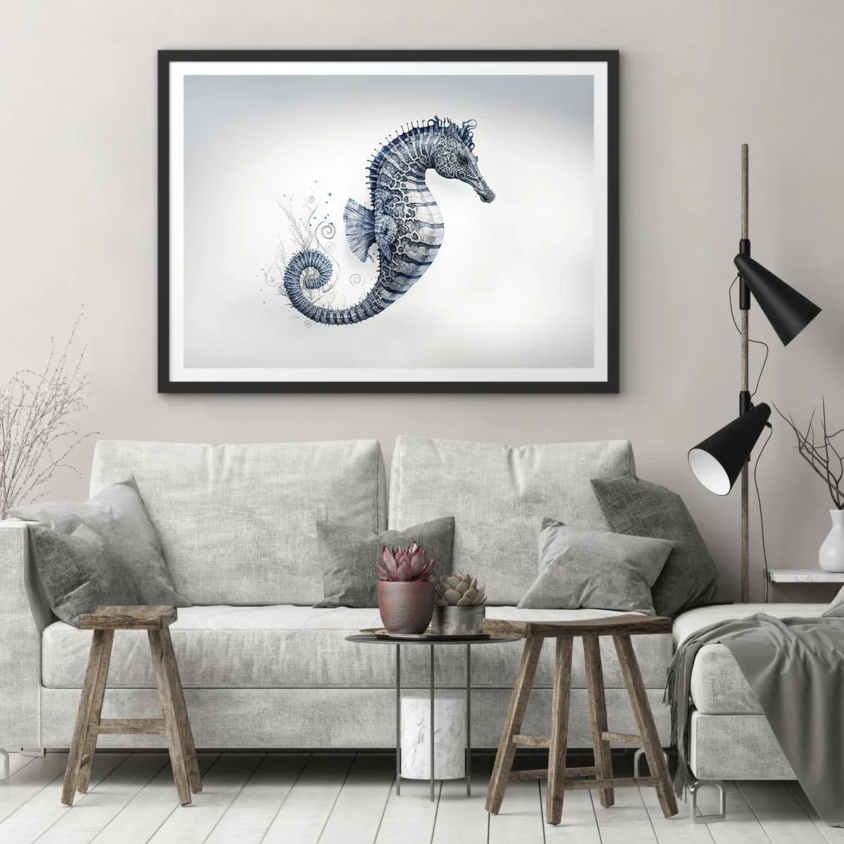 Plakat w czarnej ramie - Konik morski w odcieniach niebieskiego z detalami akwareli - 70x50cm - Subtelny żart natury - Nowoczesna dekoracja ścienna do salonu i sypialni ARTTOR