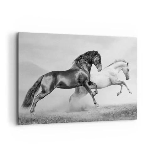 Obraz na płótnie - Dwa konie galopujące w dynamicznej, czarno-białej kompozycji - 120x80cm - Anioły i demony - Nowoczesna dekoracja ścienna do salonu, kuchni i sypialni ARTTOR