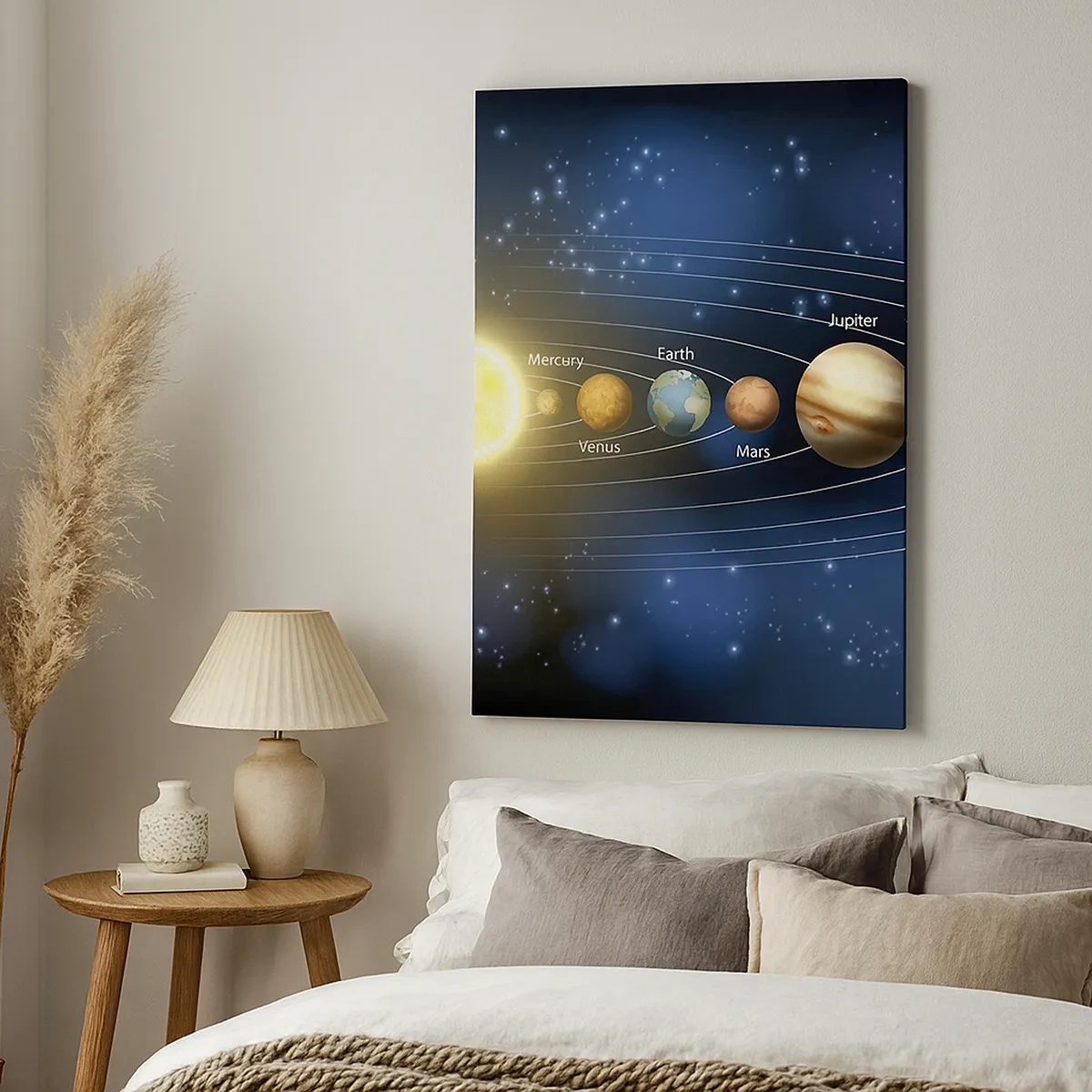 Obraz na płótnie - Układ Słoneczny z nazwami planet na tle kosmosu - 50x70cm - Jedna z dziesięciu - Nowoczesna dekoracja ścienna do salonu, kuchni i sypialni ARTTOR