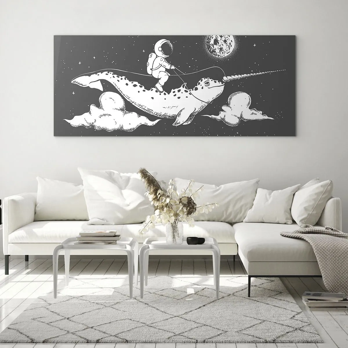 Obraz na szkle - Astronauta na grzbiecie narwala unoszącego się w kosmicznej scenerii - 160x50cm - Kosmiczny jeździec - Nowoczesna dekoracja ścienna do salonu i sypialni ARTTOR