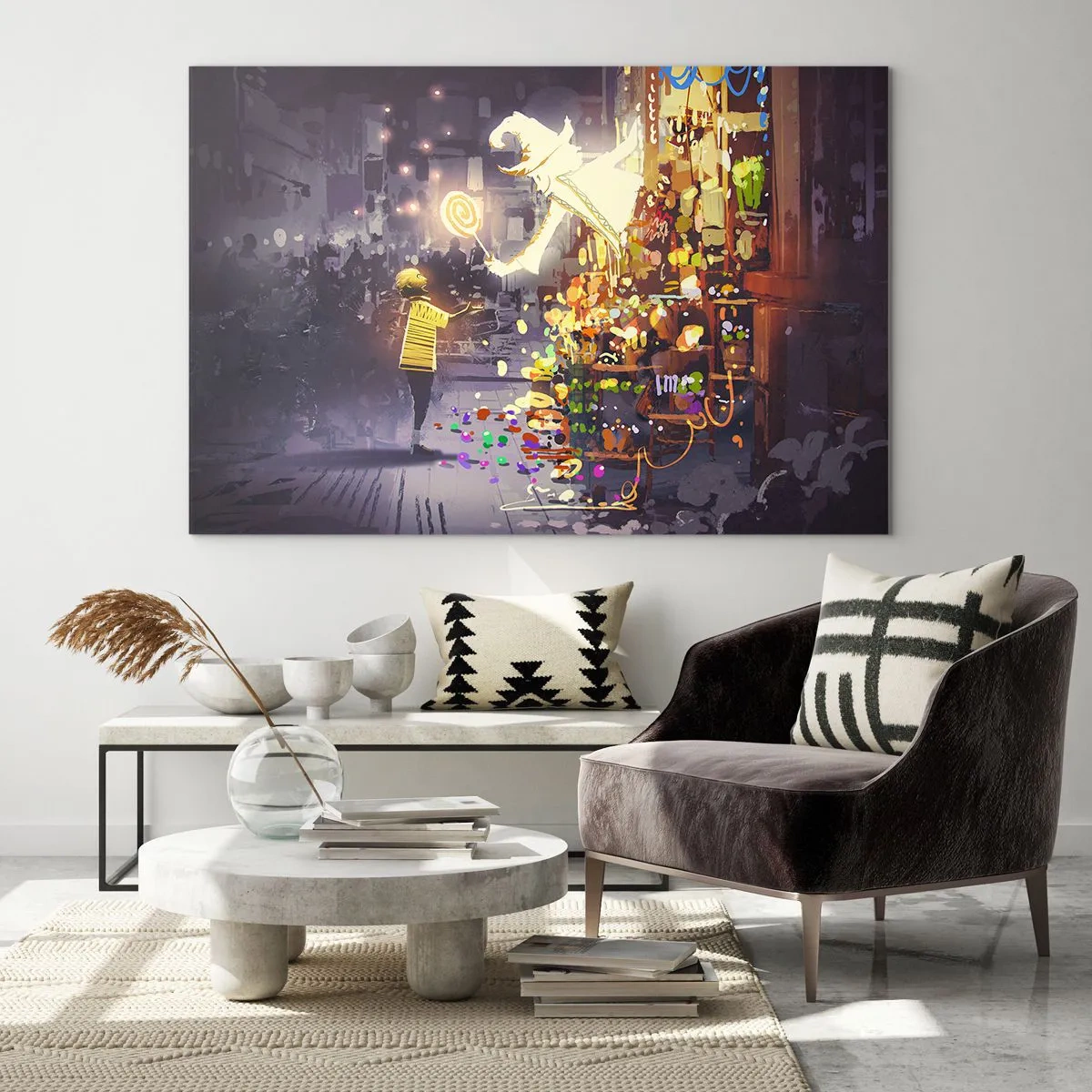 Obraz na szkle - Dziecko w jasnej koszulce przy świetlistym stoisku pełnym kolorowych słodyczy - 100x70cm - Czary istnieją - Nowoczesna dekoracja ścienna do salonu, kuchni i sypialni ARTTOR