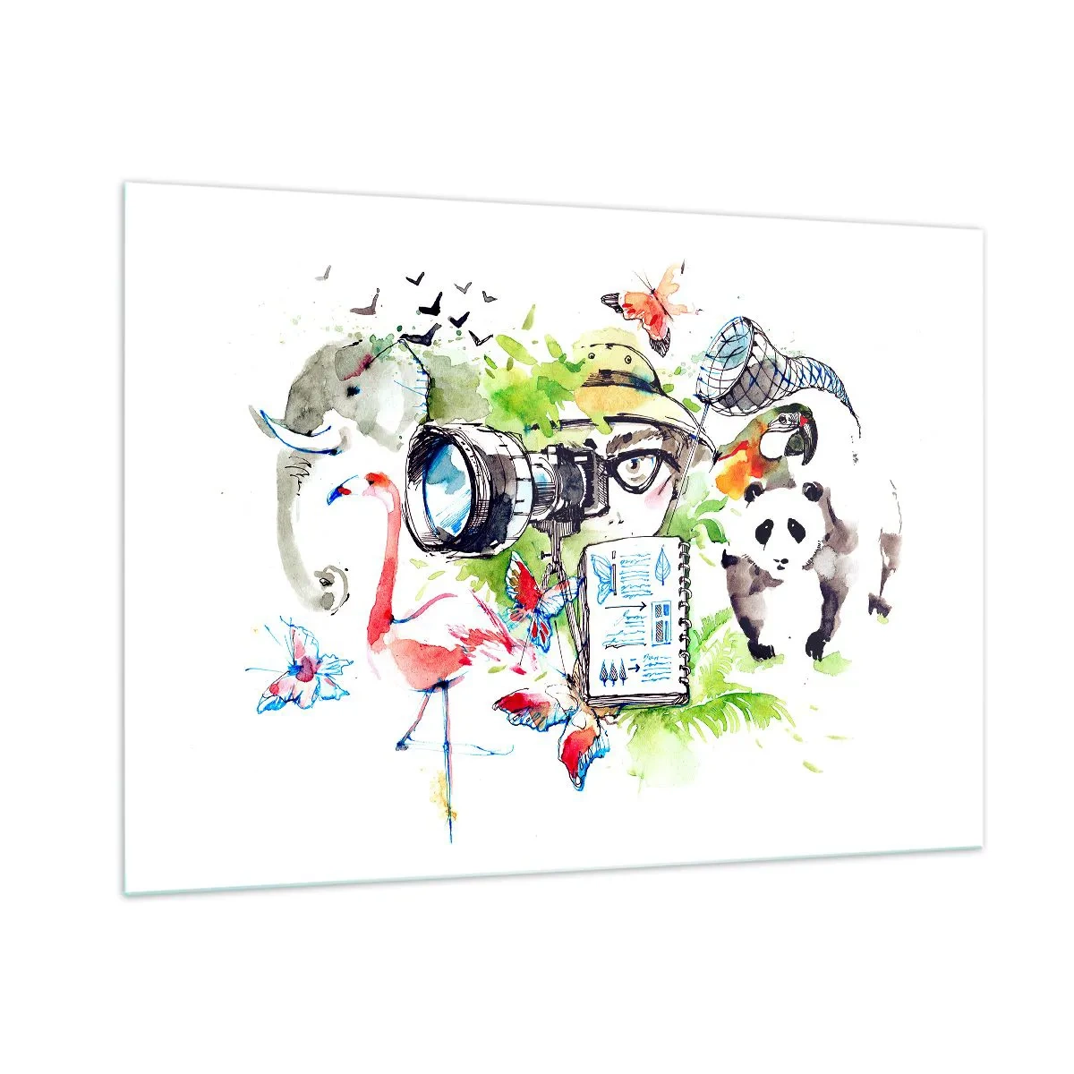 Obraz na szkle - Ilustracja przedstawiająca fotografa z aparatem i zwierzętami - 100x70cm - W obiektywie podróżnika - Nowoczesna dekoracja ścienna do salonu, kuchni i sypialni ARTTOR